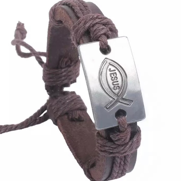 Other - NEW Leather Bracelet- Christian Jesus Fish- Brown